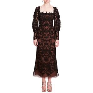 Marchesa Notte Long Sleeve Corded Midi Dress Black Lace Size 8 NEW
